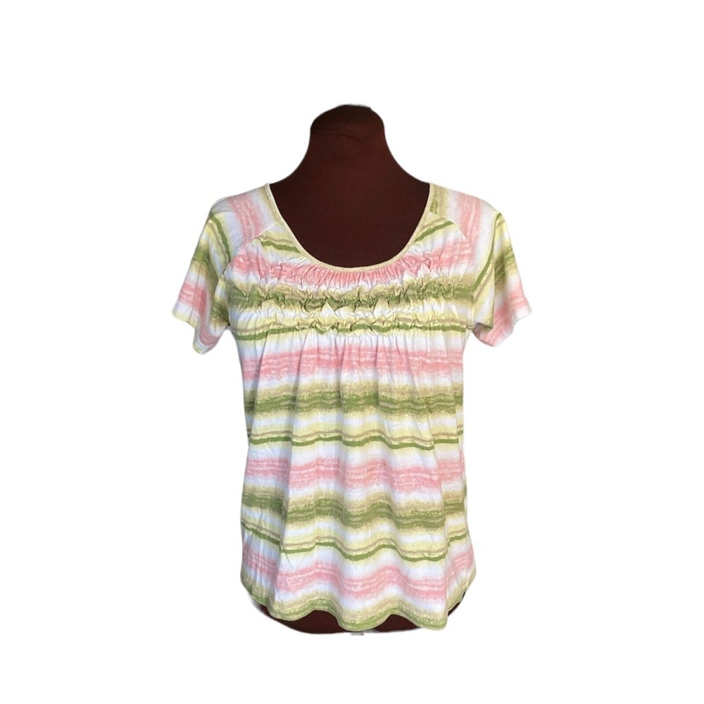 Emerald Isle Womens Green Pink White Yellow Striped Scoop Neck Ruched Top Size M